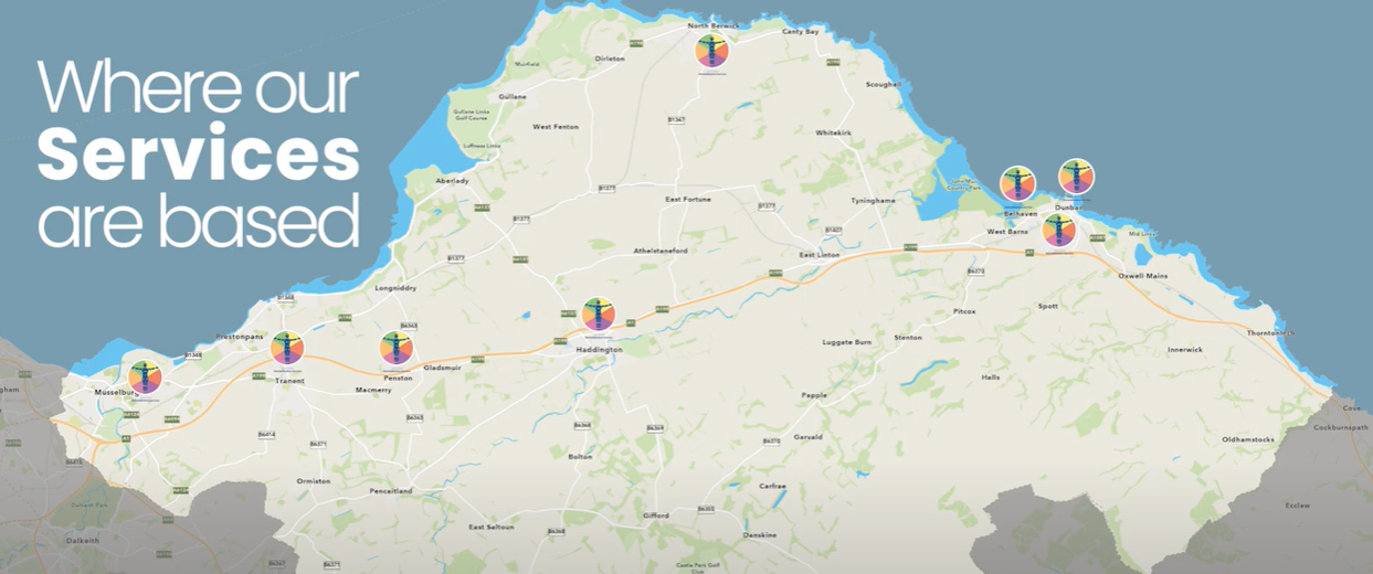 map of East Lothian highlighting rehabilitation service locations