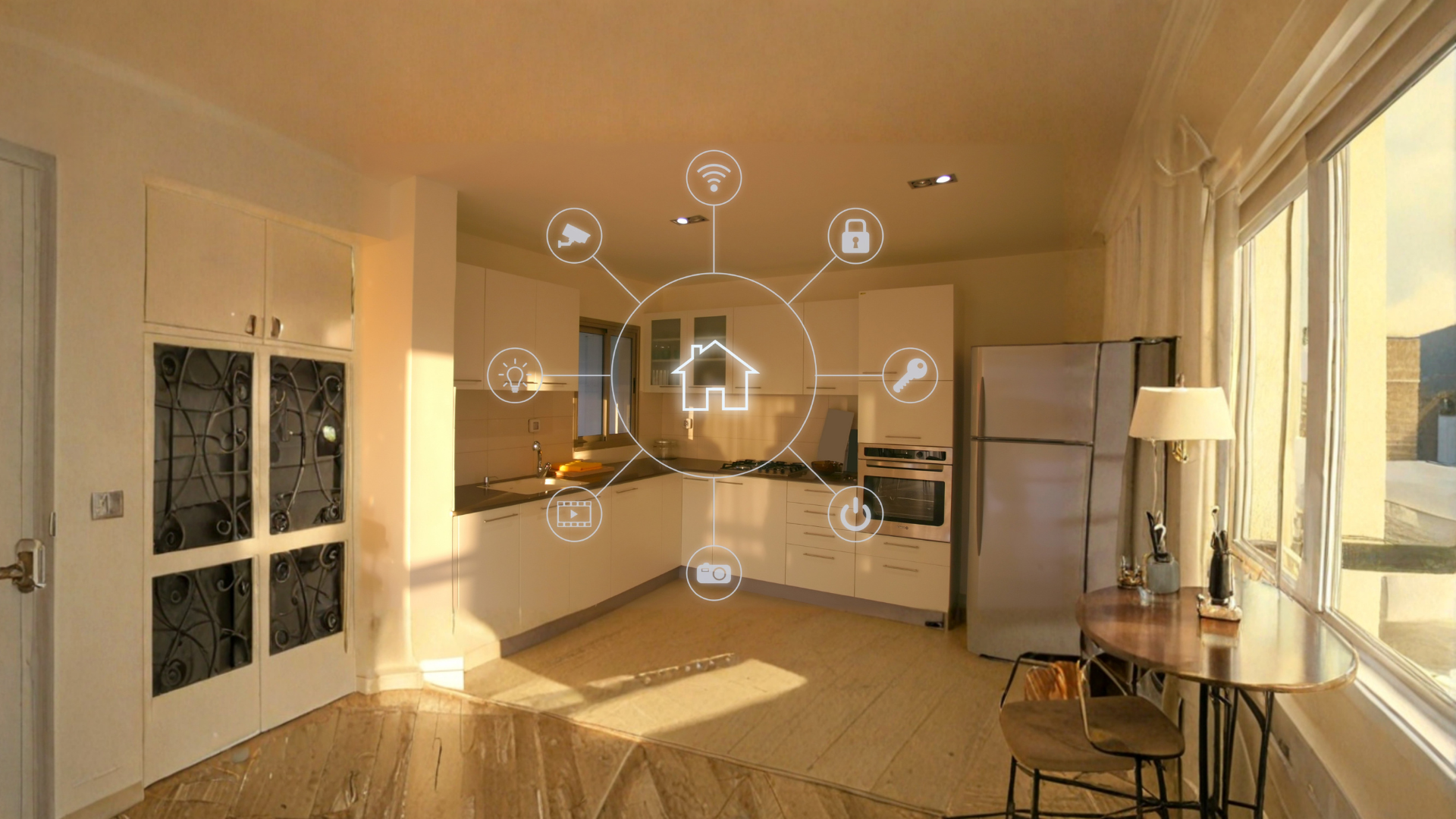 kitchen with icons representing home technology solutions