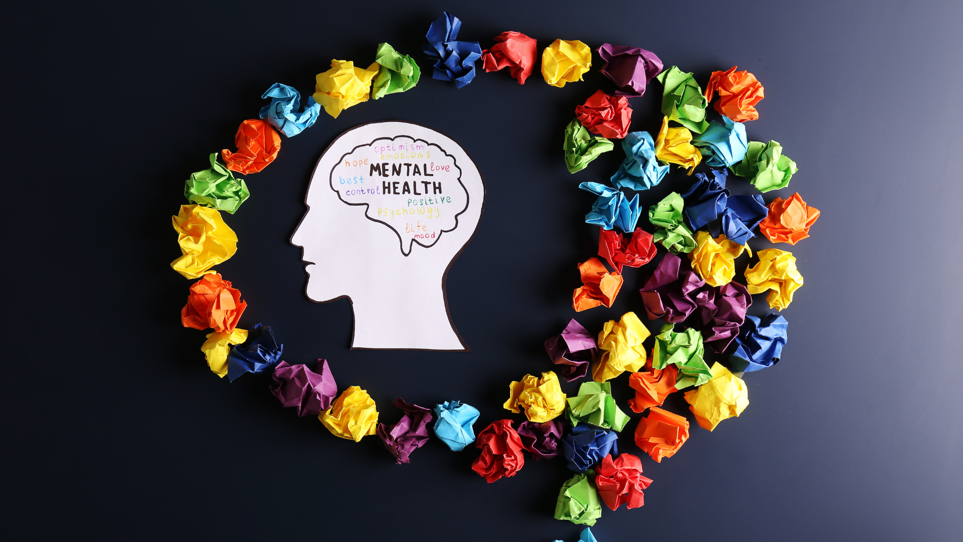 colourful display of human head and brain with text mental health