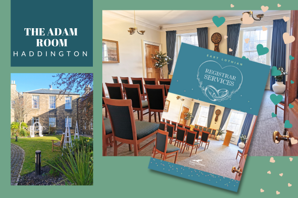 The Adam Room Haddington, the gardens outside and the cover of the Registrars Services booklet are pictured.