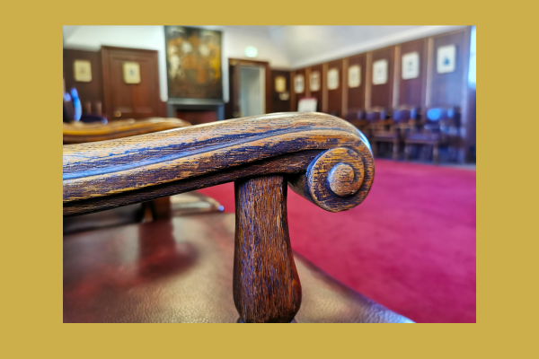Close up of the historical wooden chairs in the Dunbar Townhouse