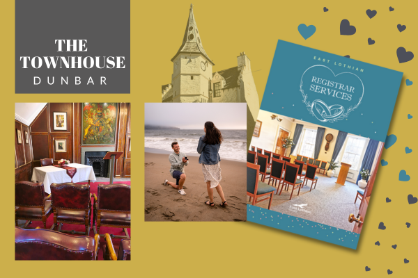 The Townhouse Dunbar is picctured alongside a photo of a beach proposal scene and the front cover of our Registrar Services leaflet.
