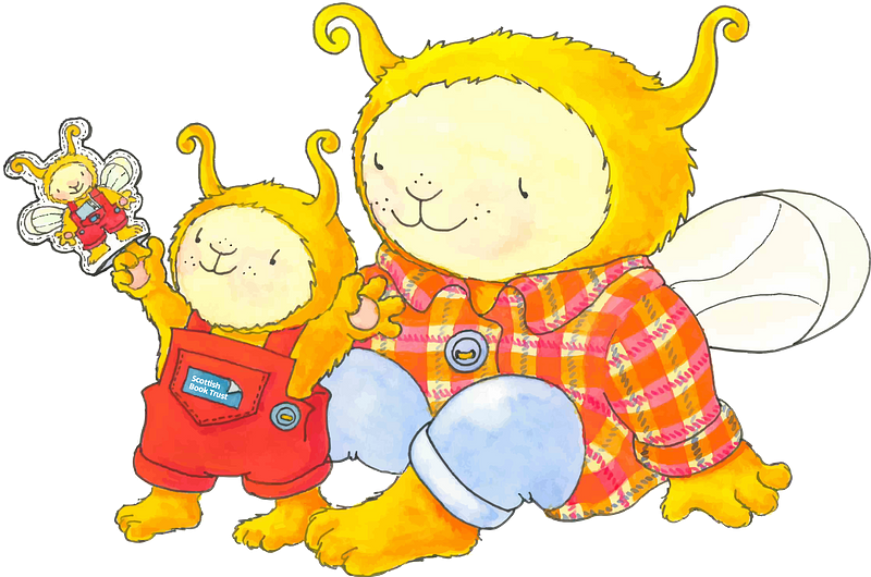 Image shows cartoon Bookbug and it's parent playing together.