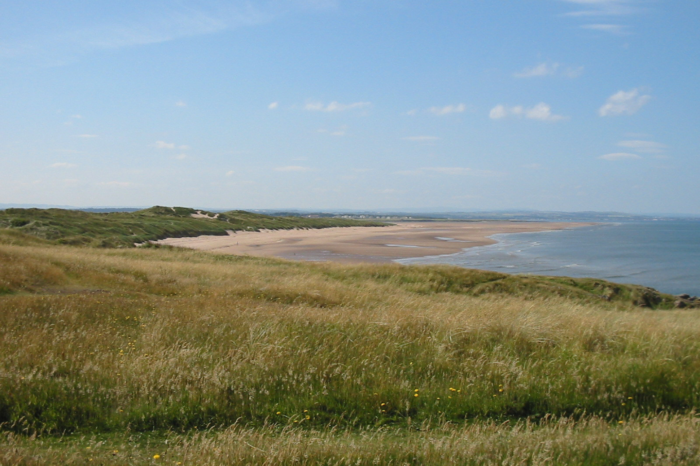 View of Aberlady from the dunes, looking out to sea on a day with a bright blue sky.
