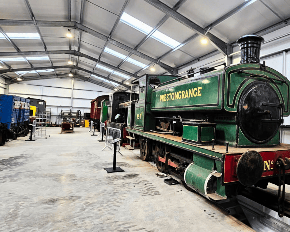 Engine Shed with green Prestongrange logo in front right of image