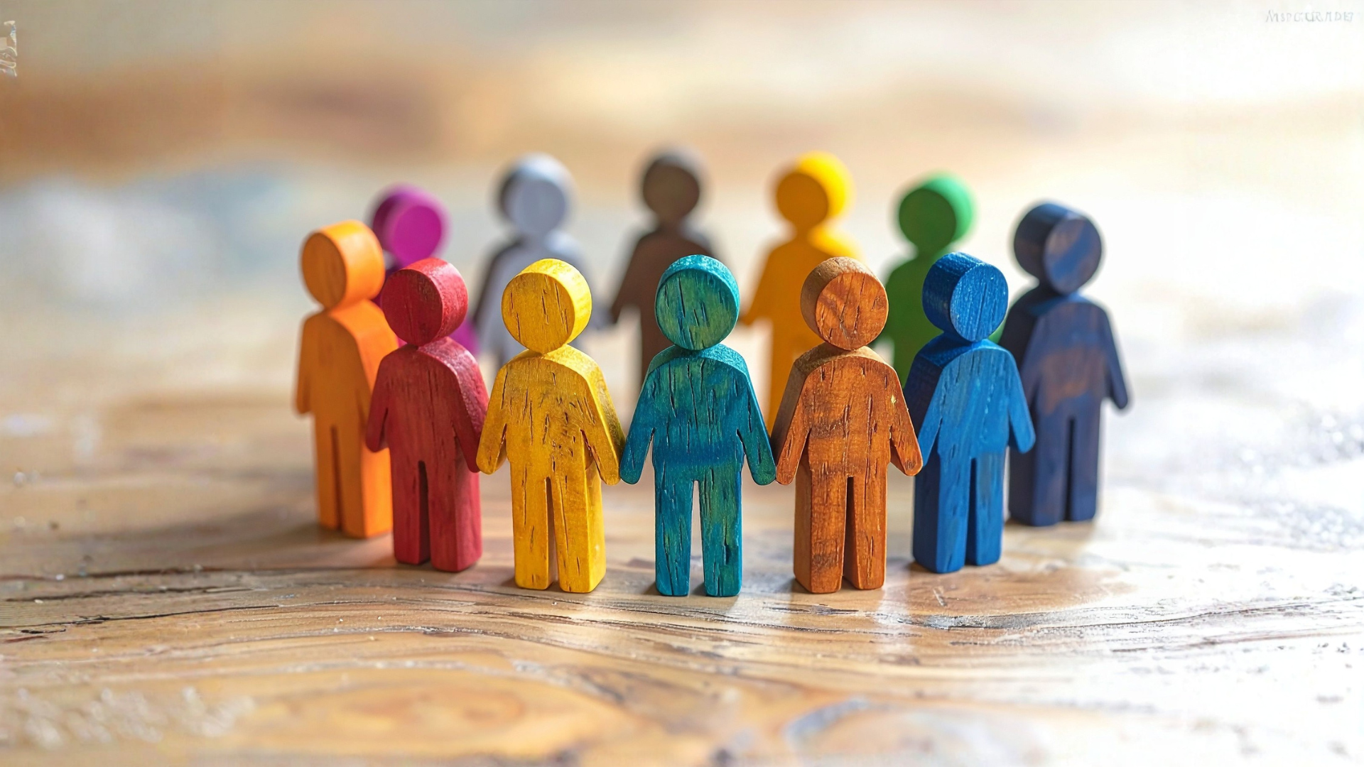 group of wooden figures standing in a circle