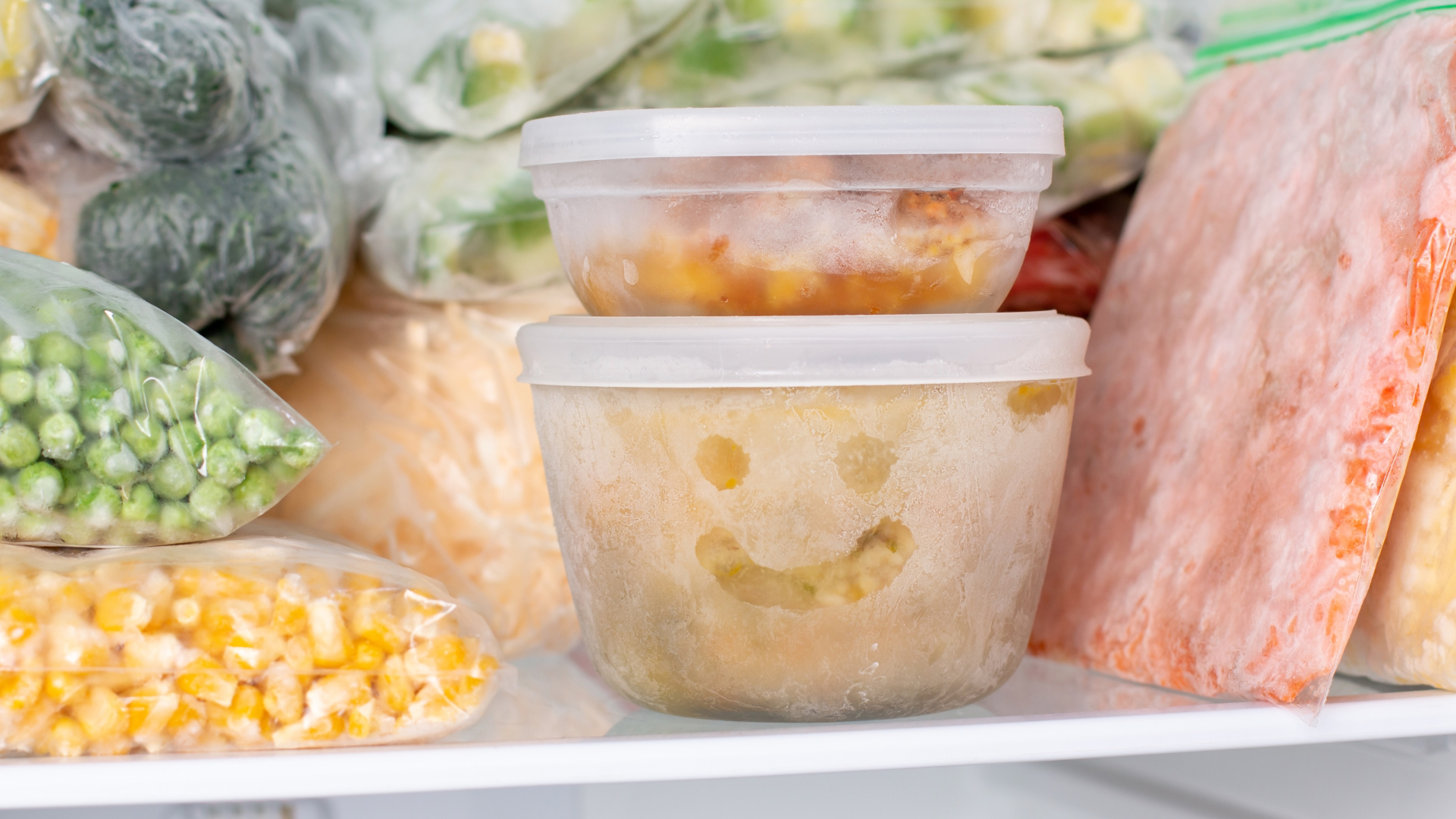 bags and pots of frozen meals and vegetables