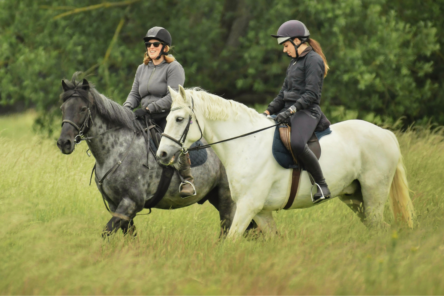 Two women riding horses in a field with long grass.
