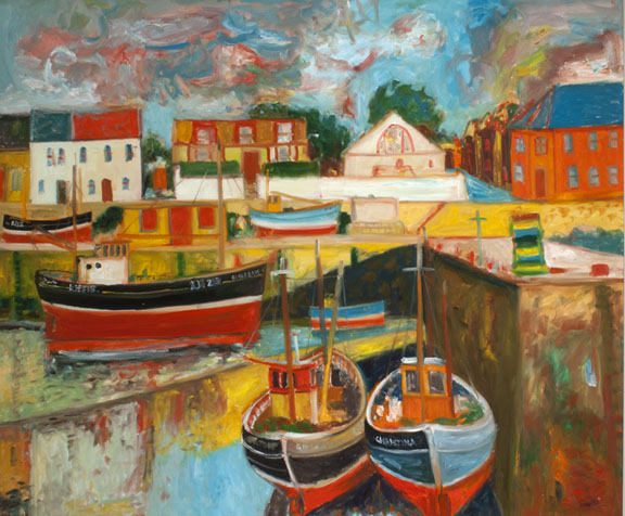 Photo of a colourful painting of boats in a harbour