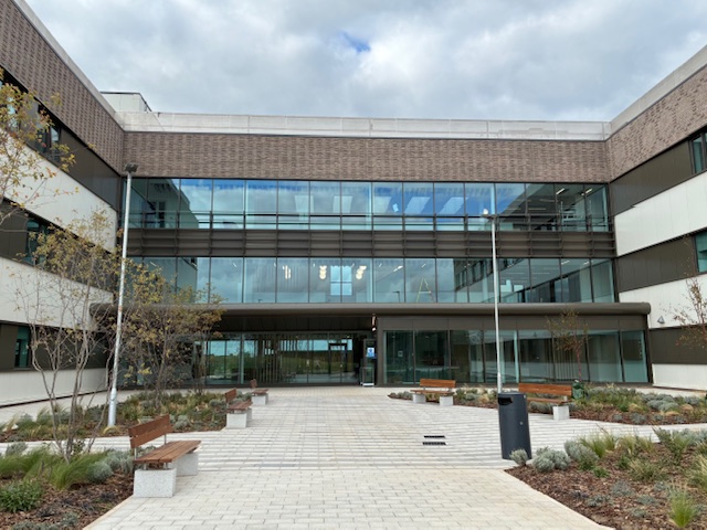 Photo of an industrial office building front entrance