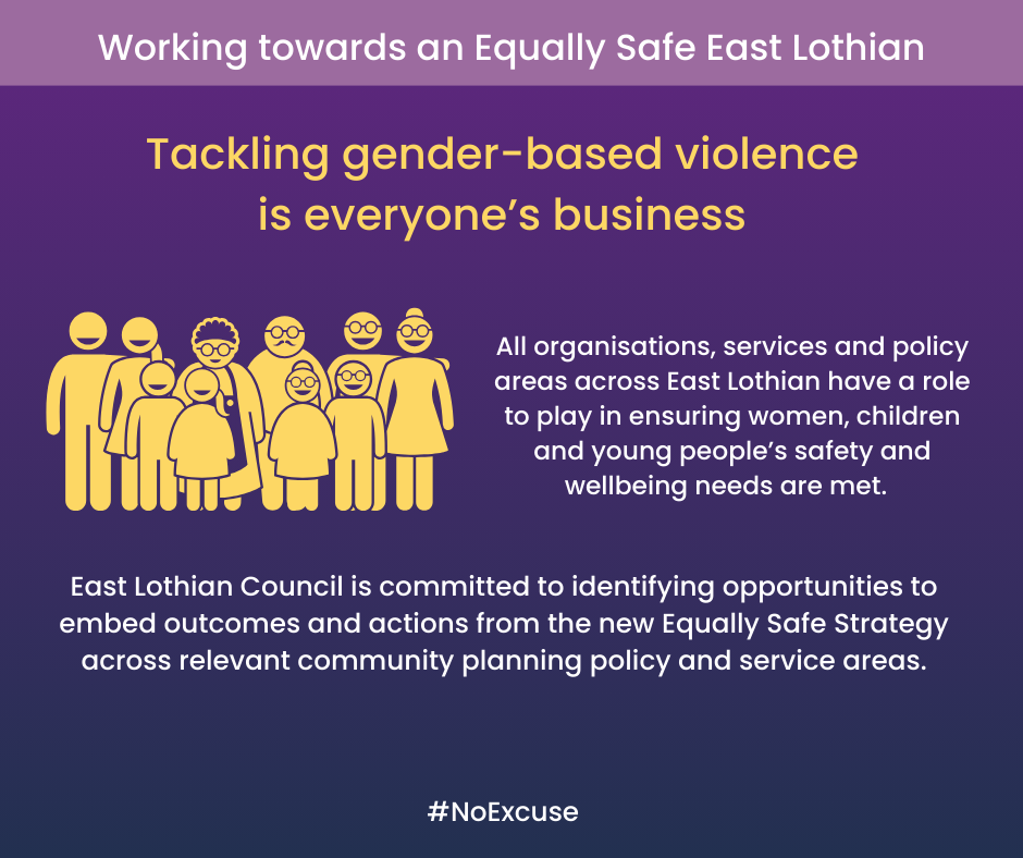 Group of people standing together, text reads, "tackling gender-based violence is everyone's business"