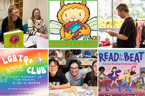Collage of six recent Facebook posts from the East Lothian Libraries Facebook page