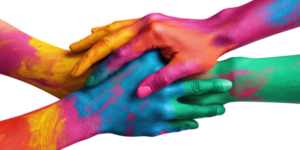 four multi-coloured hands holding each other