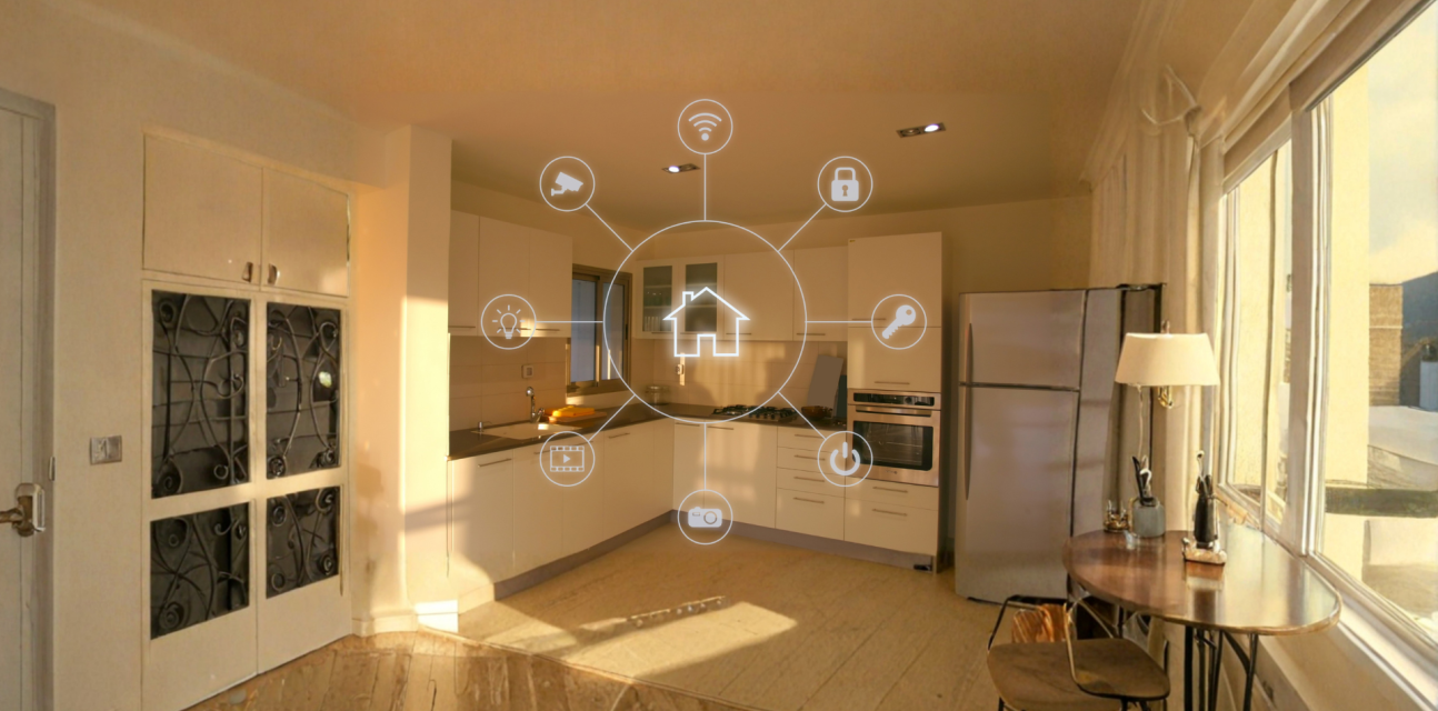kitchen with icons representing home technology solutions