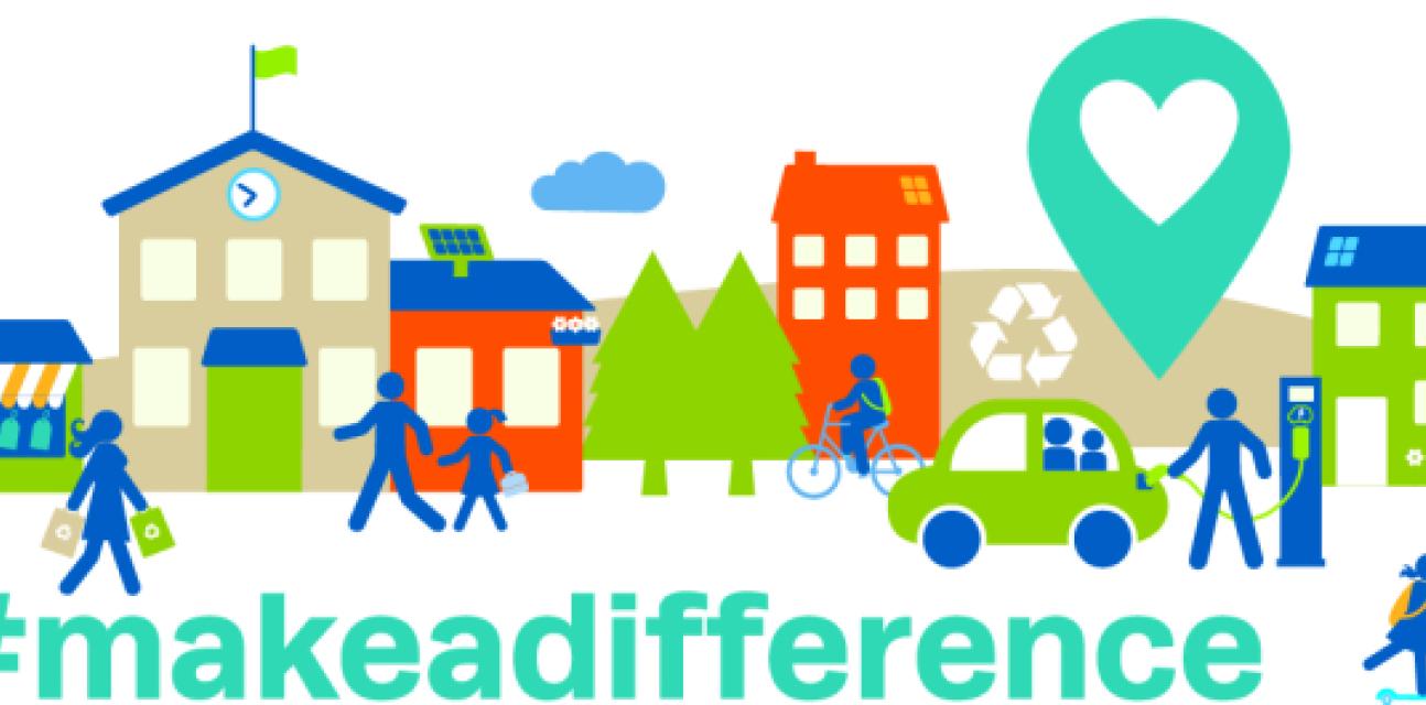 Positive graphic of a street with people, a loveheart, a recycling symbol and the hashtag #makeadifference.