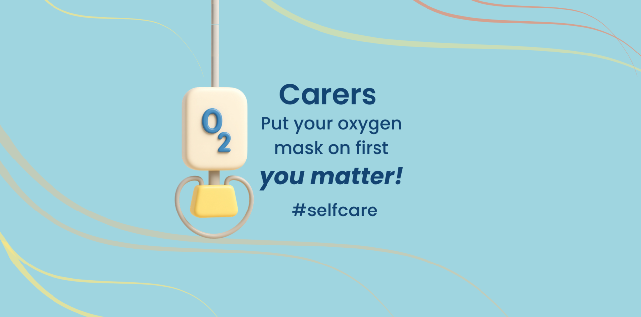 image of a hanging oxygen mask found on airplanes.  Text reads carers put your oxygen mask on first.  You matter!