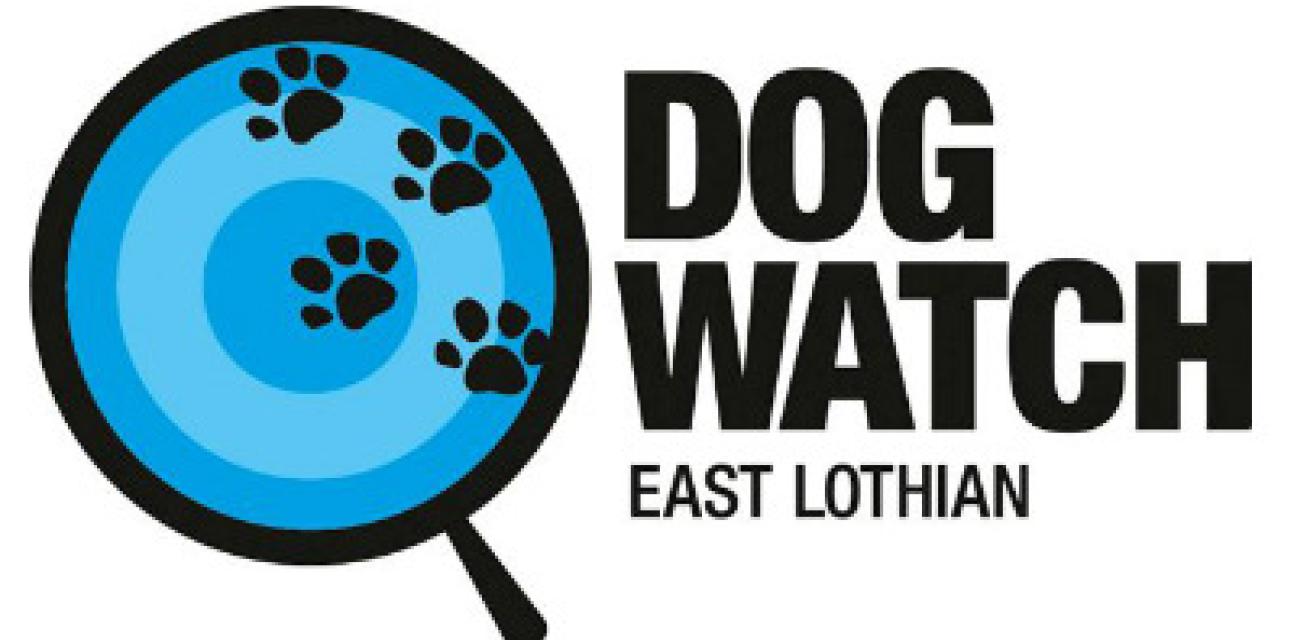 Dog Watch east Lothian logo with a magnifying glass and paw prints.