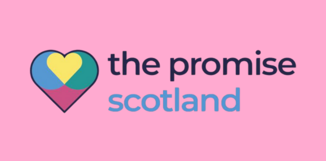 Pink image with "the promise scotland" in the middle. The promise logo is a multicolour heart and appears to the left of the text.