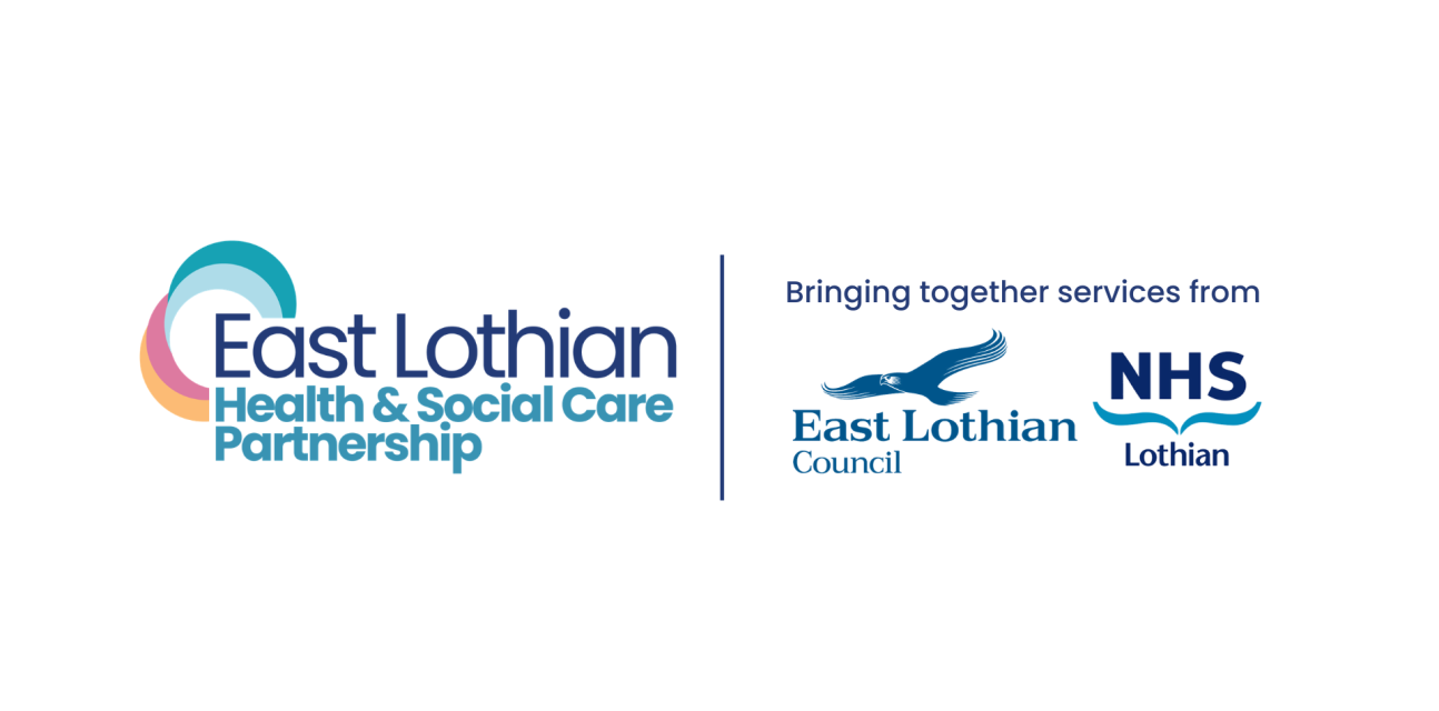 East Lothian Health and Social Care Partnership logo, NHS Lothian logo and East Lothian Council logo