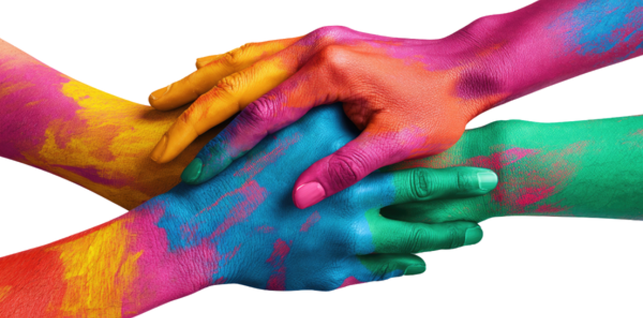 four multi-coloured hands holding each other