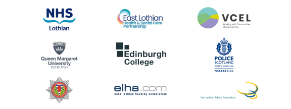 Logos for NHS Lothian, ELHSCP, VCEL, QMU, Edinburgh College, Police Scotland, Scotland Fire and Rescue, ELHA and the East Lothian Advice Consortium.